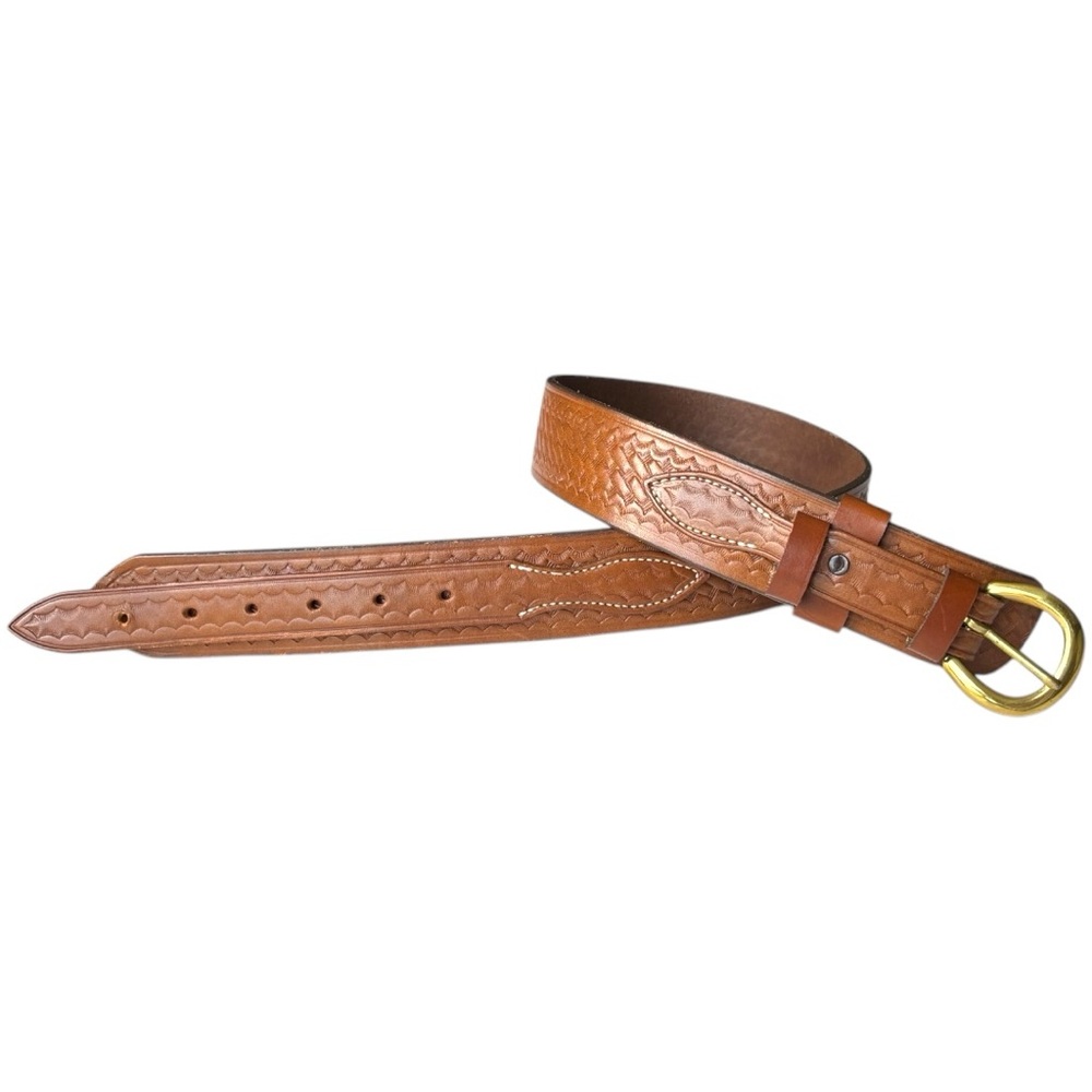 Eddie Bauer Vintage Ranger basket weave stamp brown leather brass buckle belt|32